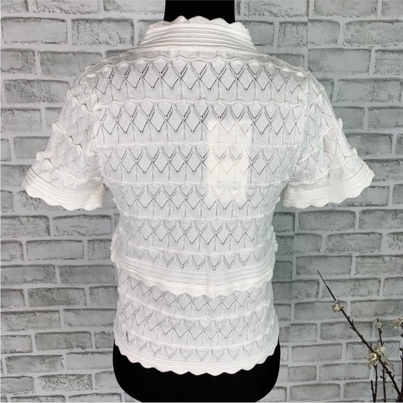 Zara | NWT White Scallop V Neck Short Sleeve Pointelle Knit Crop Top L - Picture 7 of 7